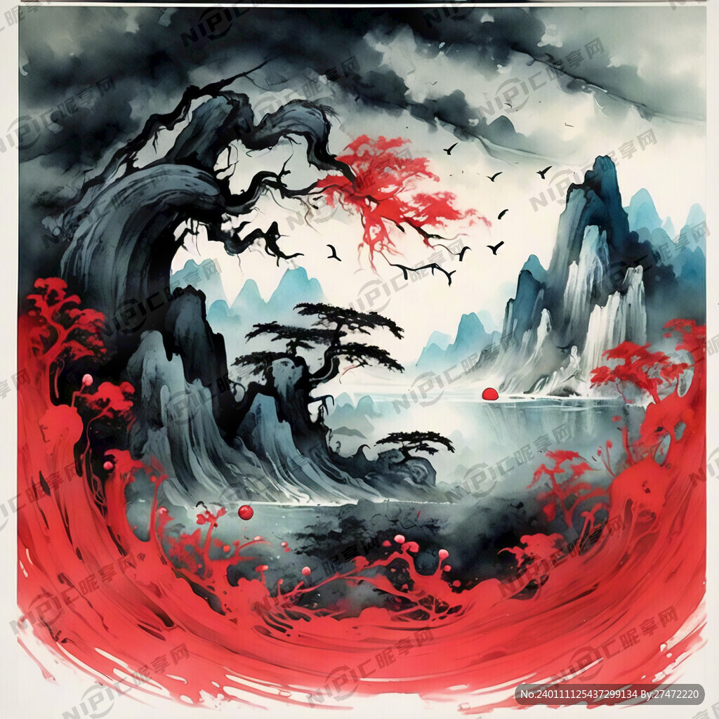 中國(guó)山水 國(guó)潮畫風(fēng) 紅色主題色