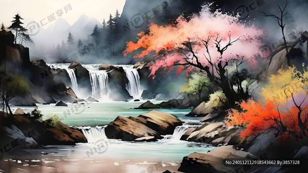 中國 傳統(tǒng) 線描 山水 溪流