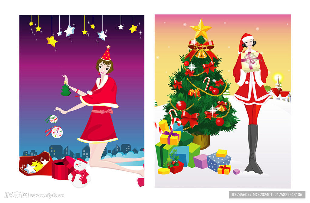 圣诞树圣诞服女孩插画