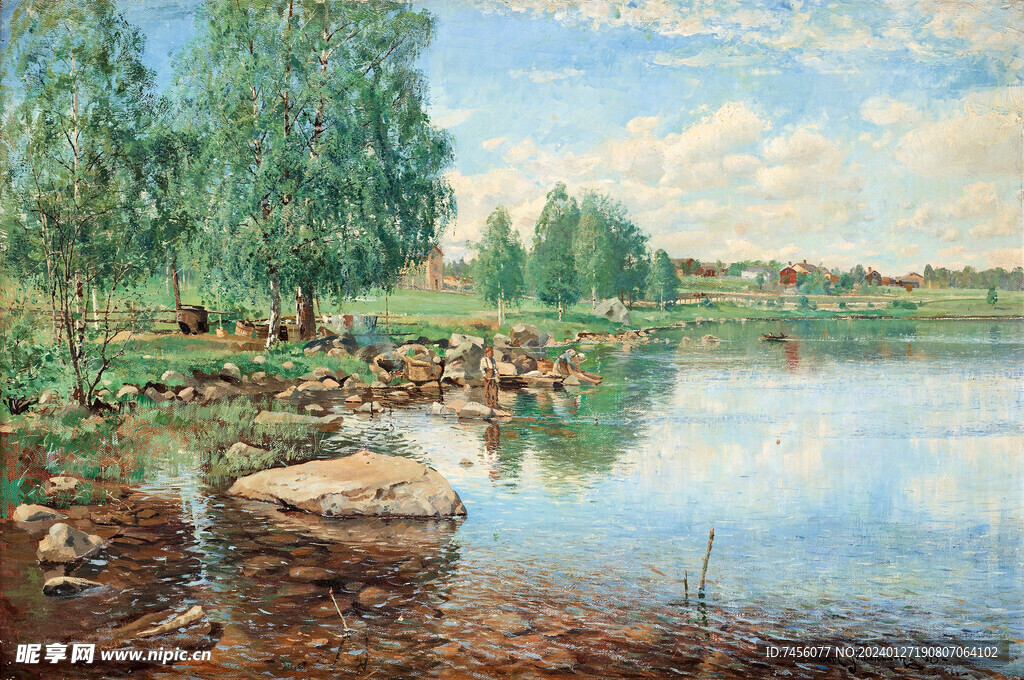 湖畔油画风景画