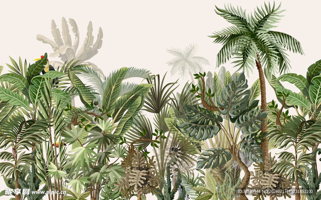 水彩热带植物背景墙