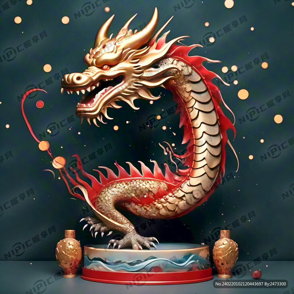 中國龍 金色 祥云 紅色 全身