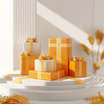 橙色和黄色的精致礼物盒金色丝带