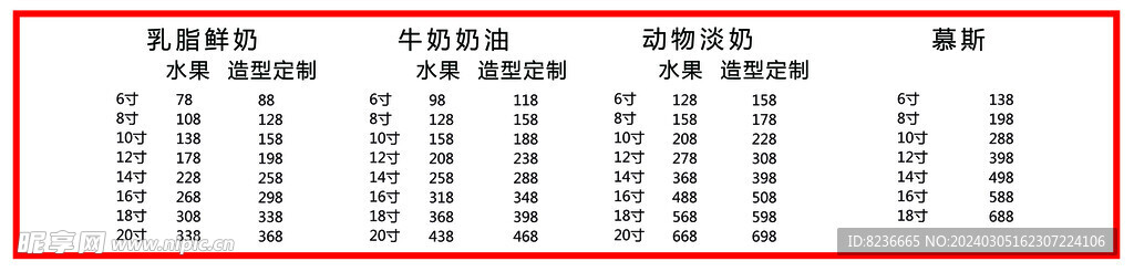 蛋糕價目表