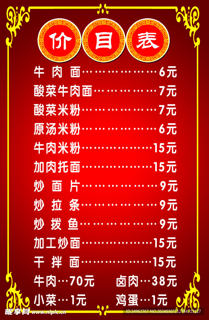 價目表