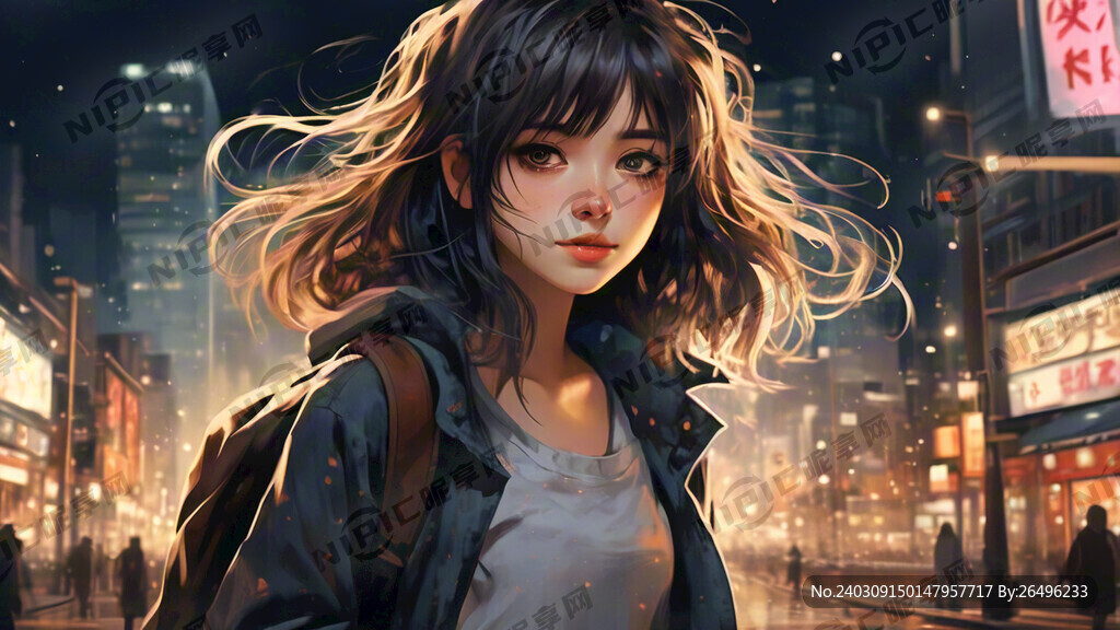 夜晚繁華城市  一個女孩