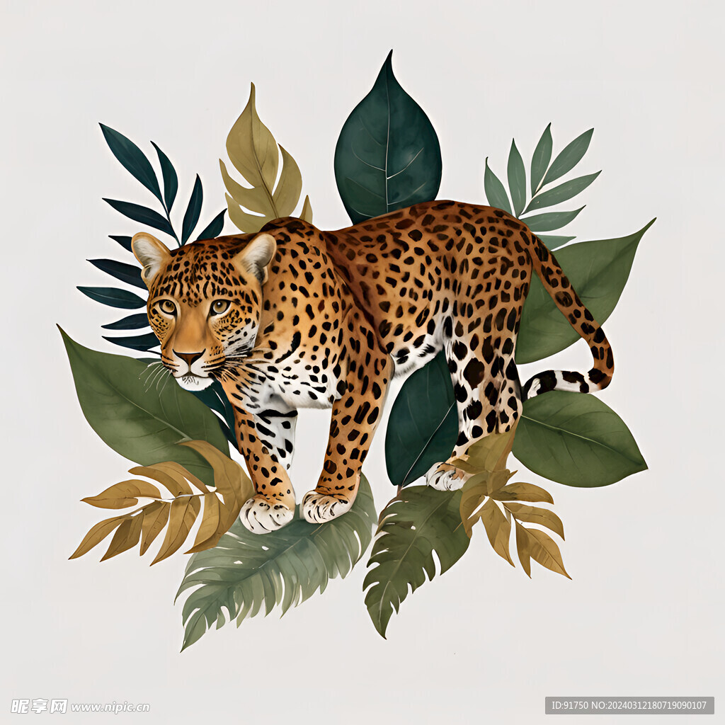 热带从林叶子动物水彩独幅系列
