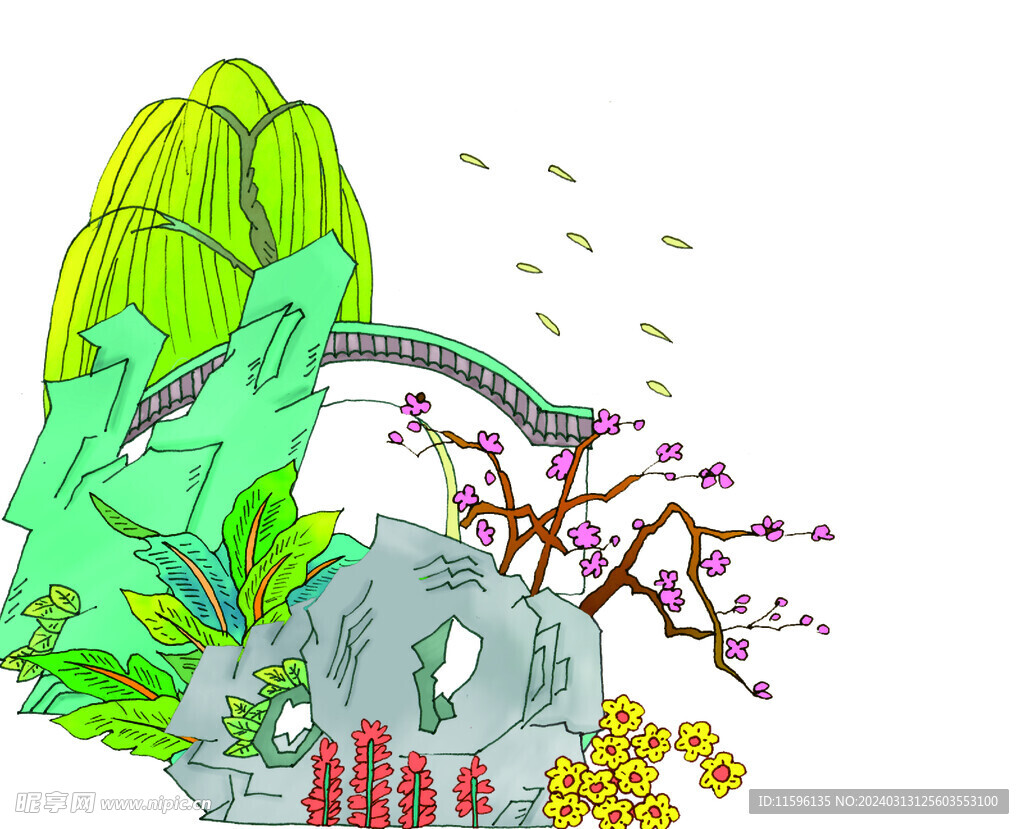 古風 院中一景 手繪 插畫