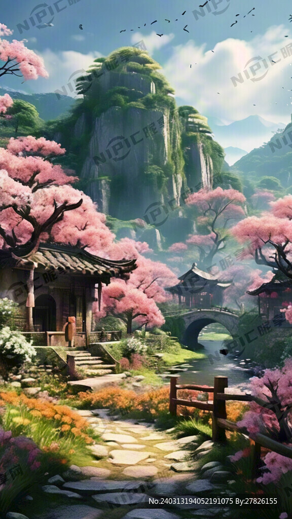 古村落 遠處青山 云霧繚繞