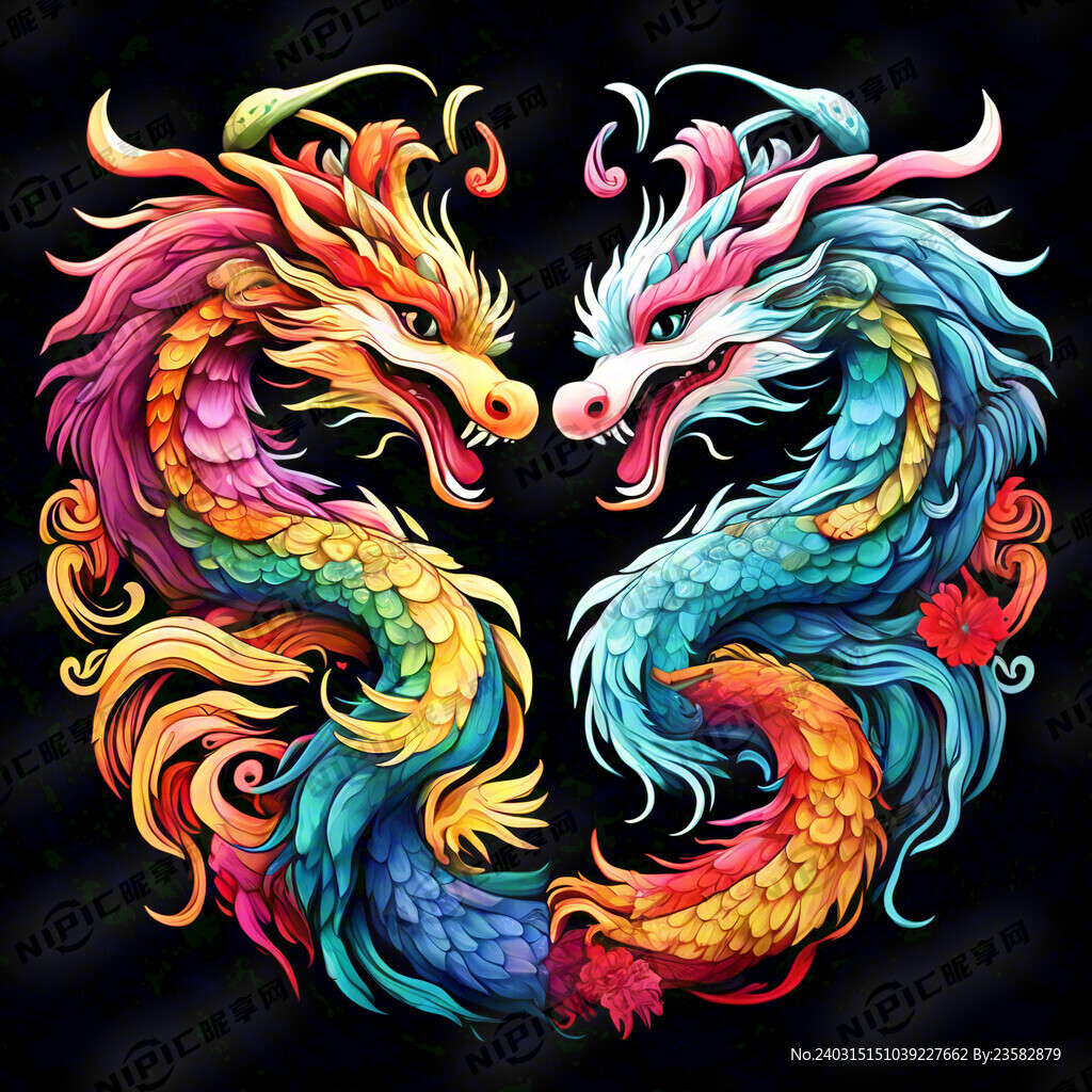 手繪彩色風格 龍鳳呈祥 無背景