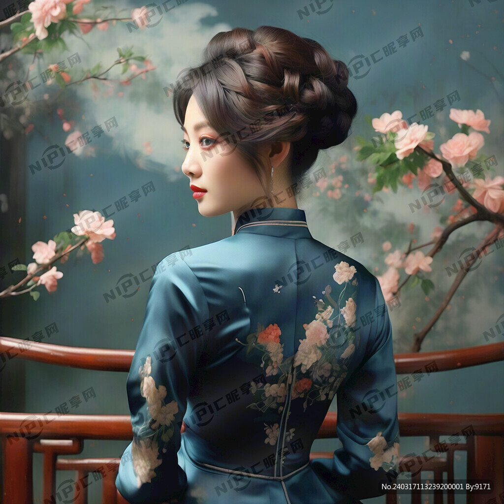 女性 深藍色旗袍   發型 