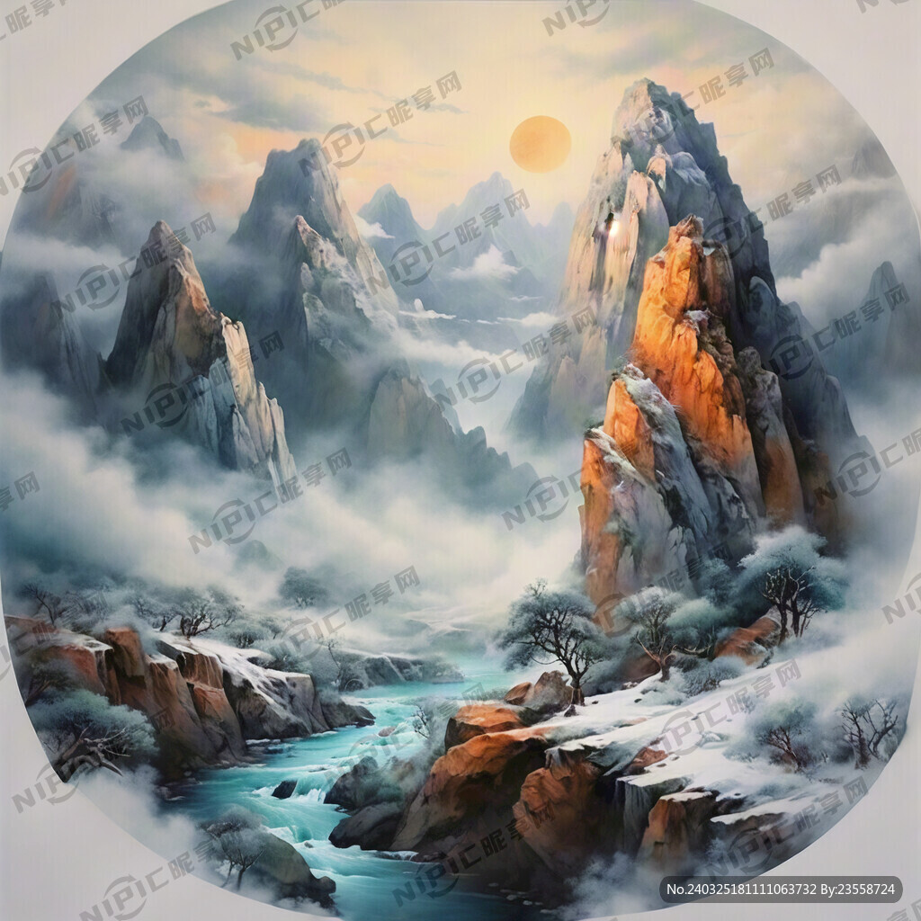 雪山 云霧繚繞 筆架山 河流