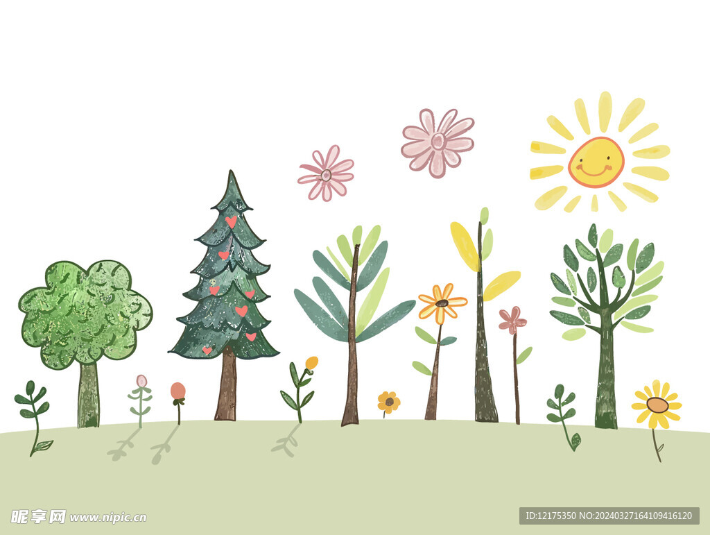儿童卡通森林树木彩色插画