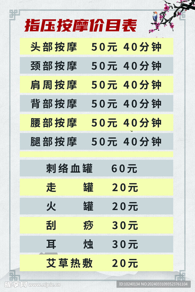 價目表