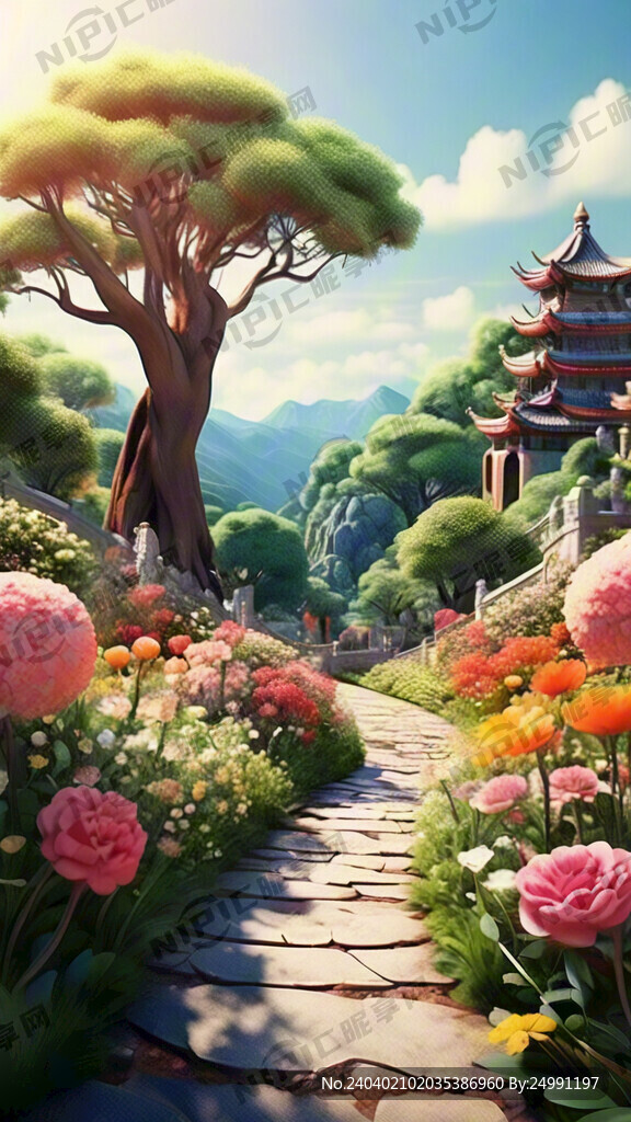 干凈背景 五顏六色的花沿著小路