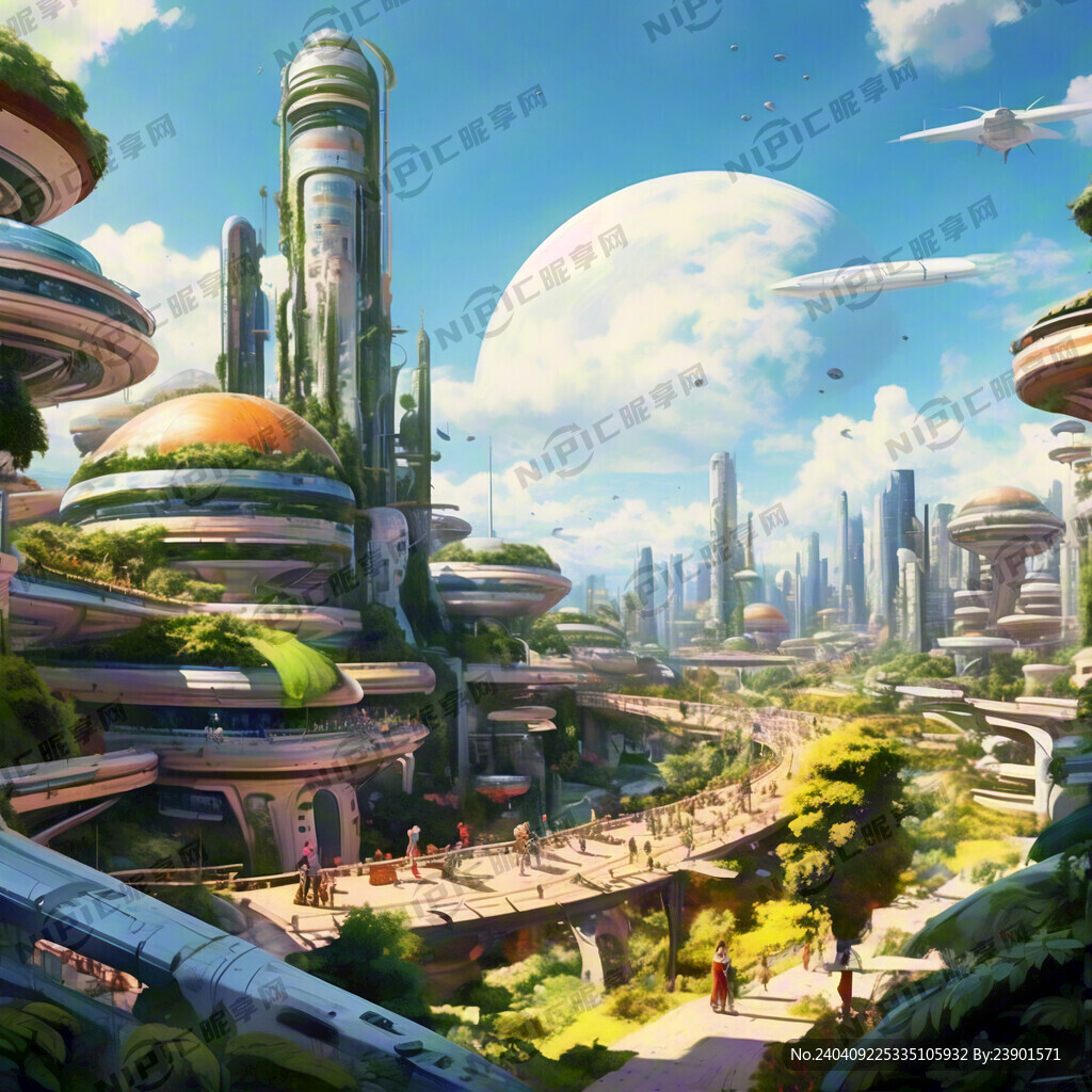 未來城市 各種顏色建筑 飛船
