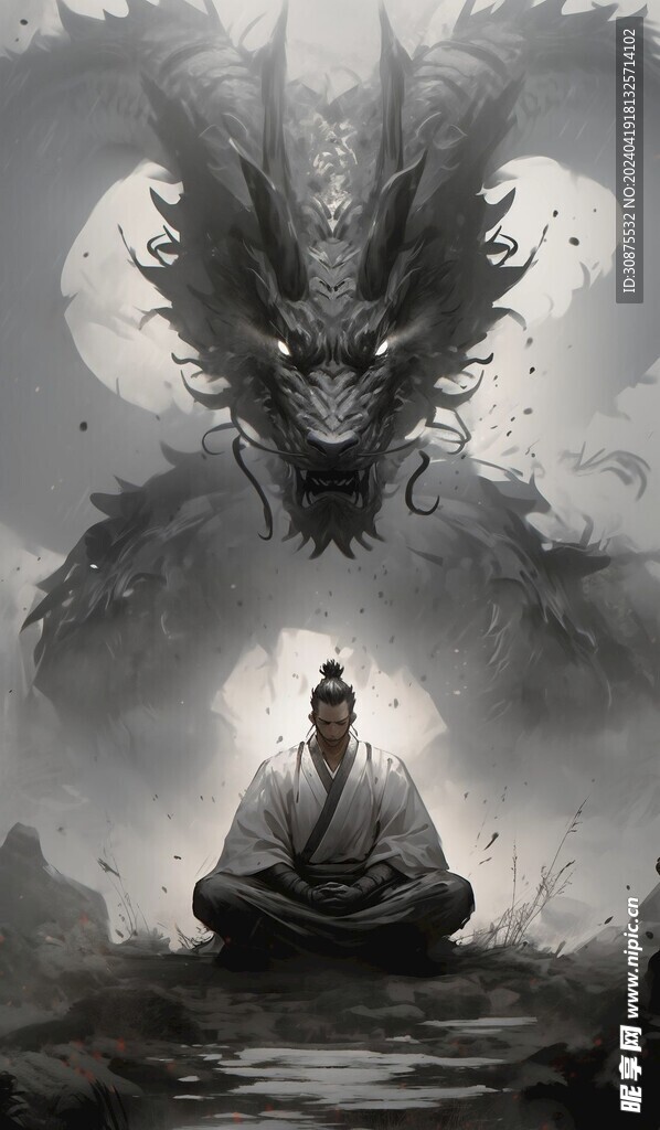 水墨坐禪龍 