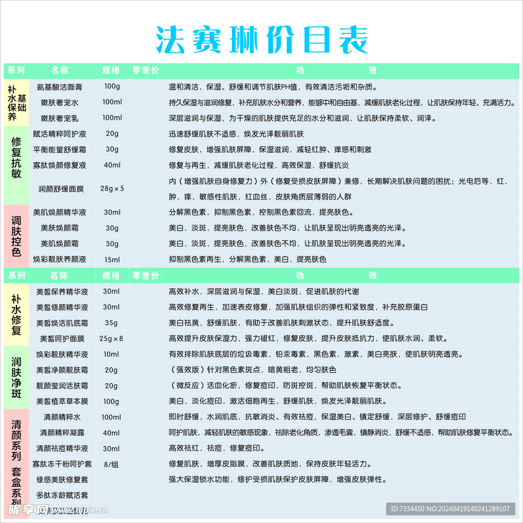 化妝品價目表