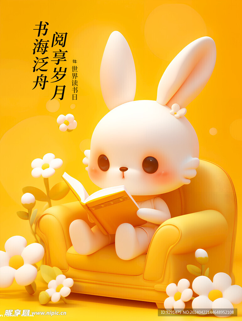 世界读书日可爱的小兔子读书