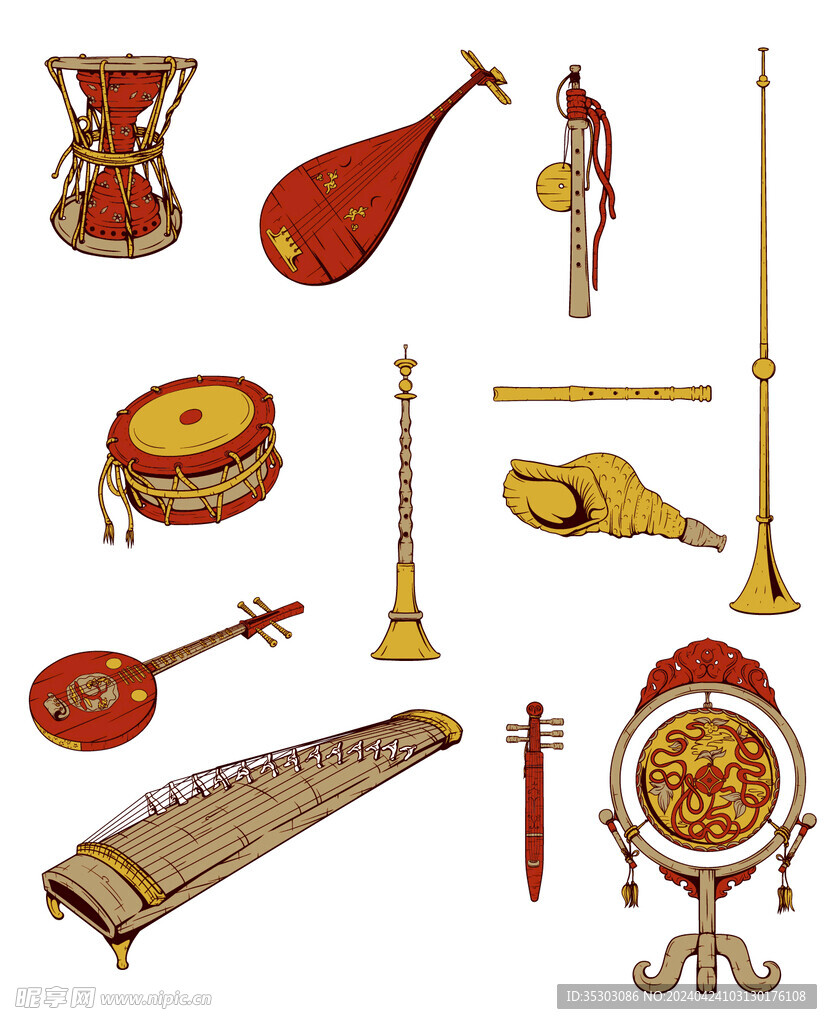 多个矢量中国古风乐器手绘图