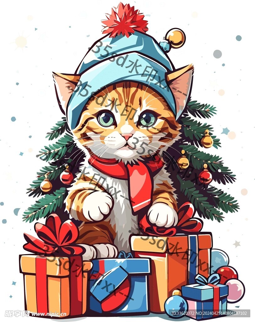 卡通矢量下雪圣诞礼物橘猫
