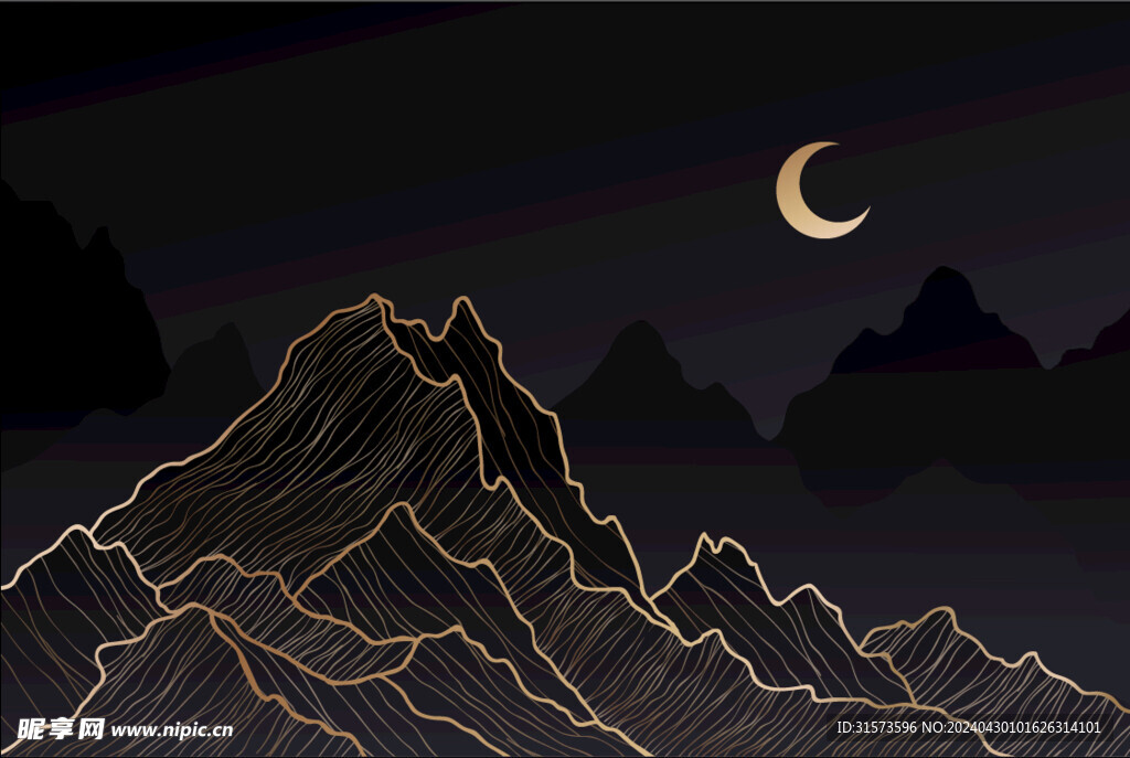 夜晚线条山峰月亮风景图