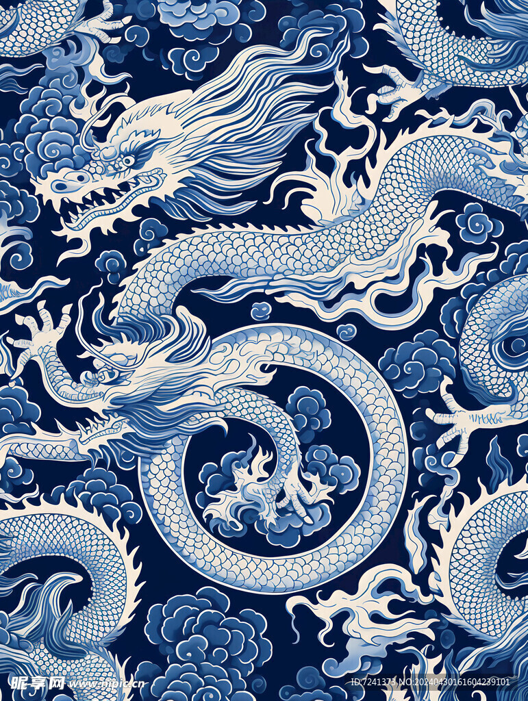 中式传统纹样龙纹纹理设计靛蓝色