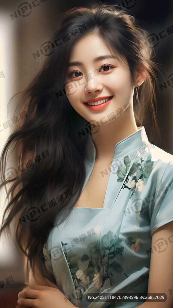 帶微笑的旗袍年輕美女 