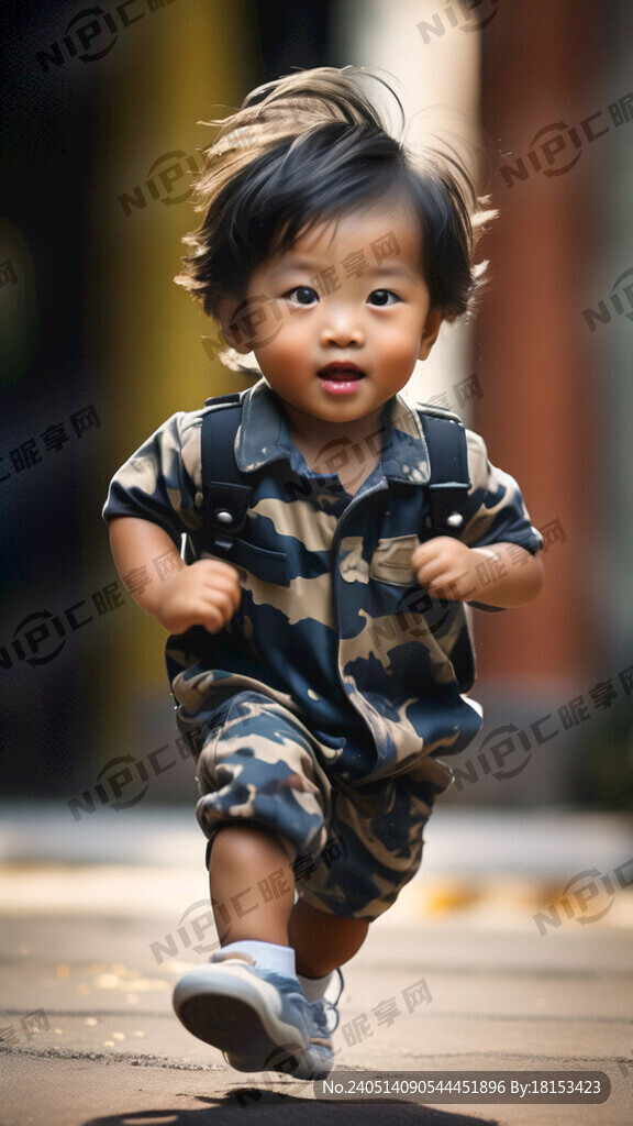穿著迷彩服的幼兒在跑步