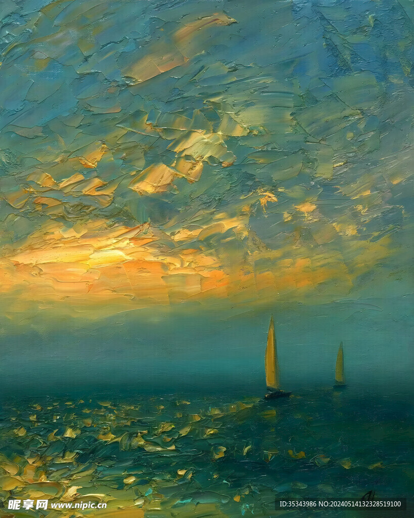 海邊日出油畫