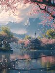 创意春天美丽的桃花林湖泊中国风