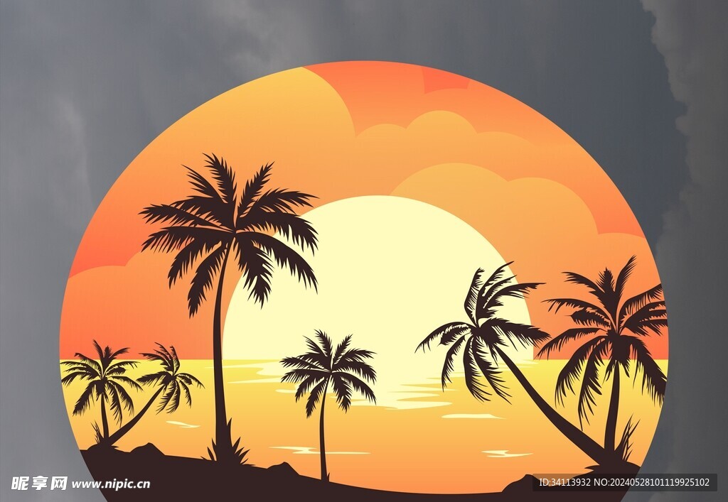 夕陽椰樹美景圖