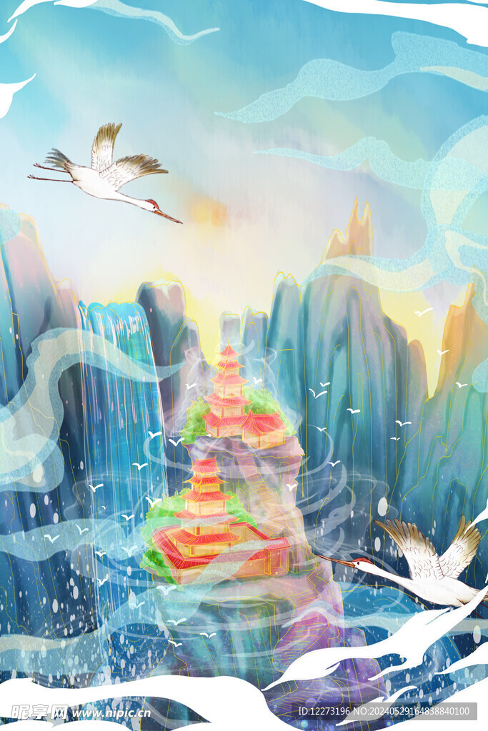 國潮山水插畫         
