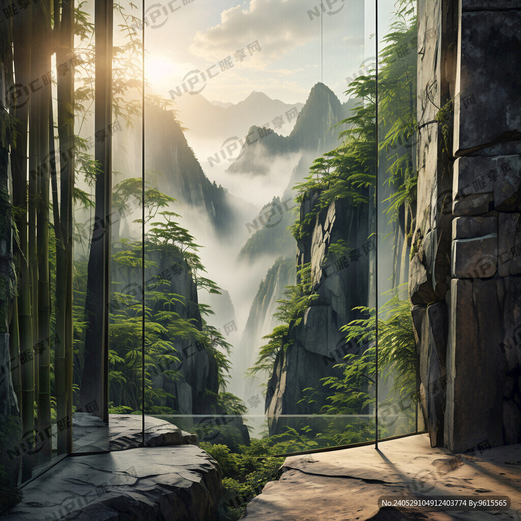 透過落地玻璃看 山坡石頭擋