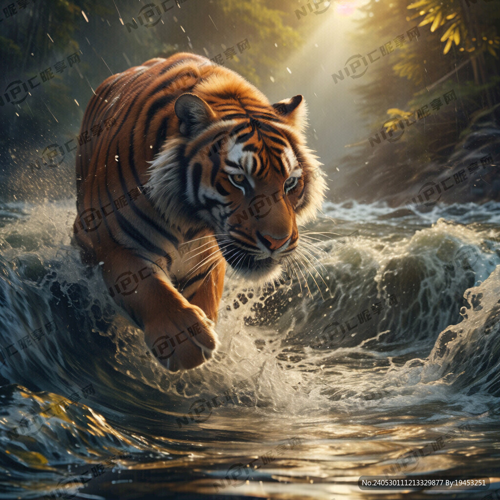 流動的水生成的往上沖越的老虎