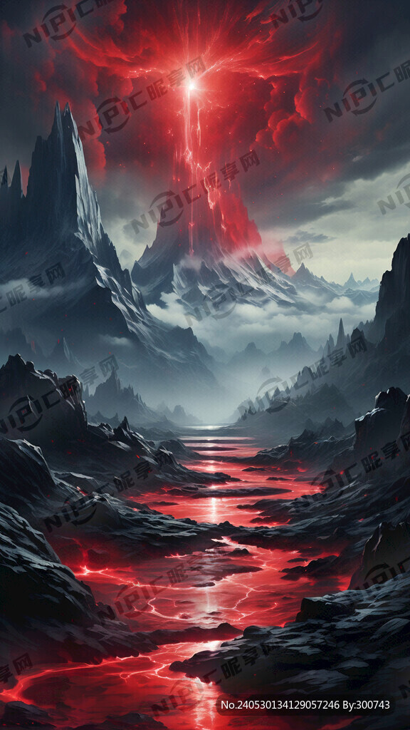 天空 黑色山峰 紅色溪流 科幻