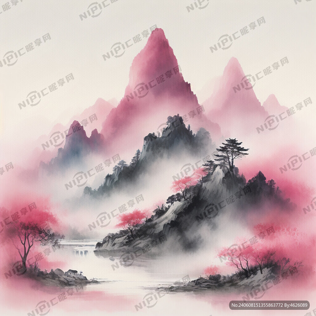 上面粉紅色下面天藍色的山水畫