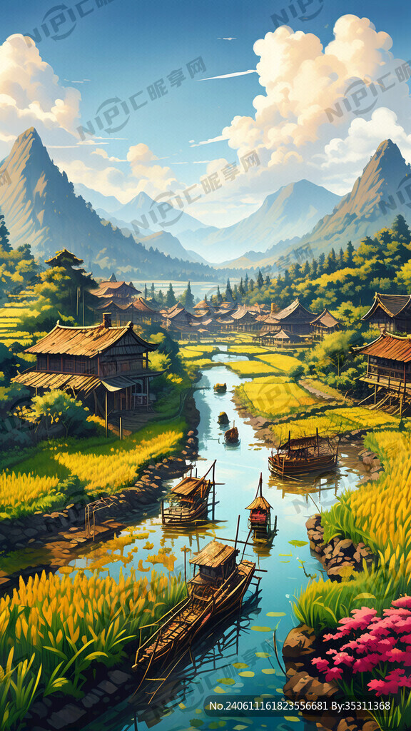 農(nóng)莊稻田風(fēng)景畫