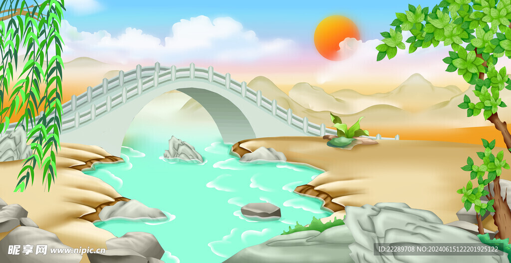 卡通小河橋背景