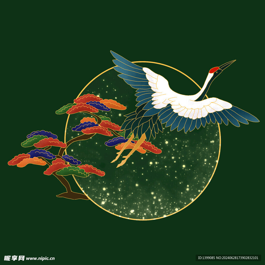 國(guó)潮仙鶴松樹