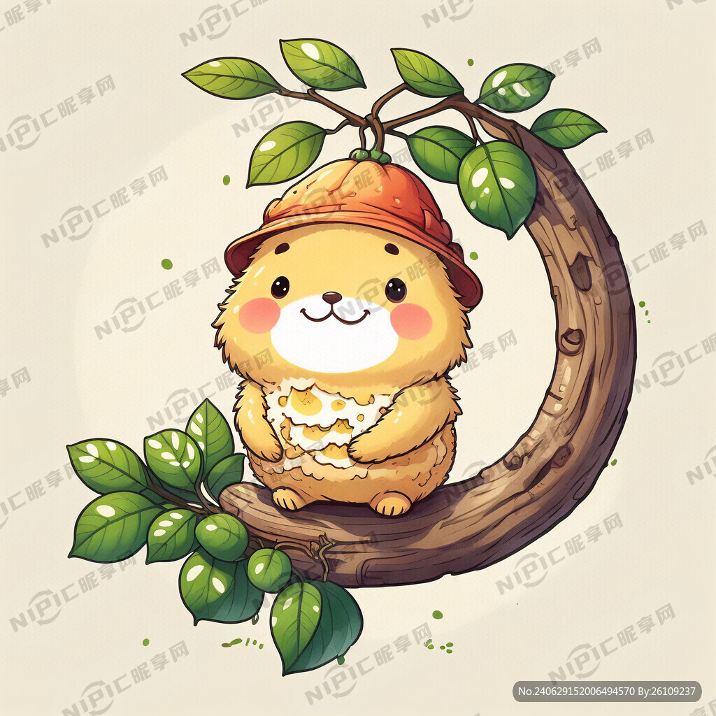 帶著帽子卡通柚子小人物坐在圓形