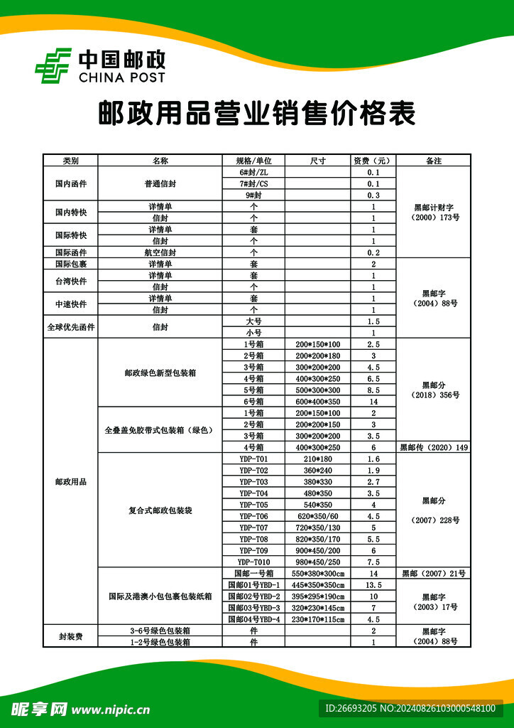 郵政用品營業(yè)銷售價(jià)格表