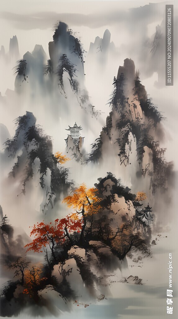 手繪復(fù)古寫意畫禪意水墨山水畫