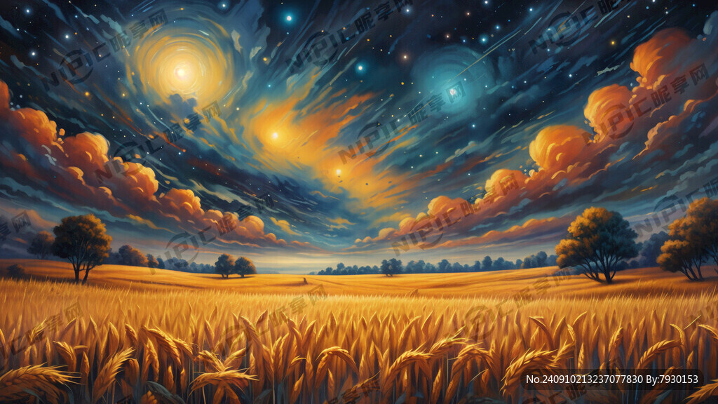 油畫星空  金黃的麥田