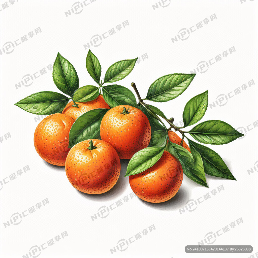 白色背景 一串真實的綠葉橘子