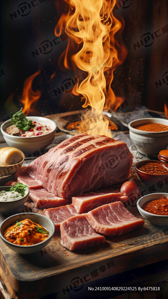 烤肉 肉片 蘸料 火焰 江景