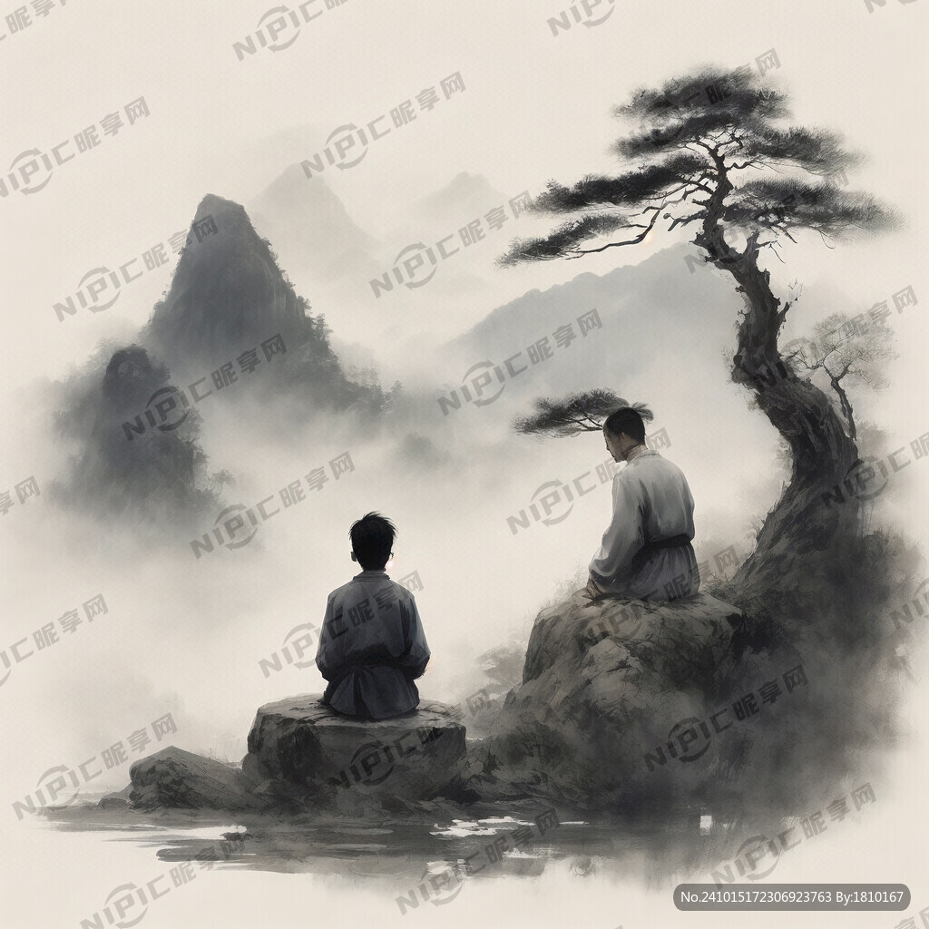 山水畫 中國風 大山 云霧 樹