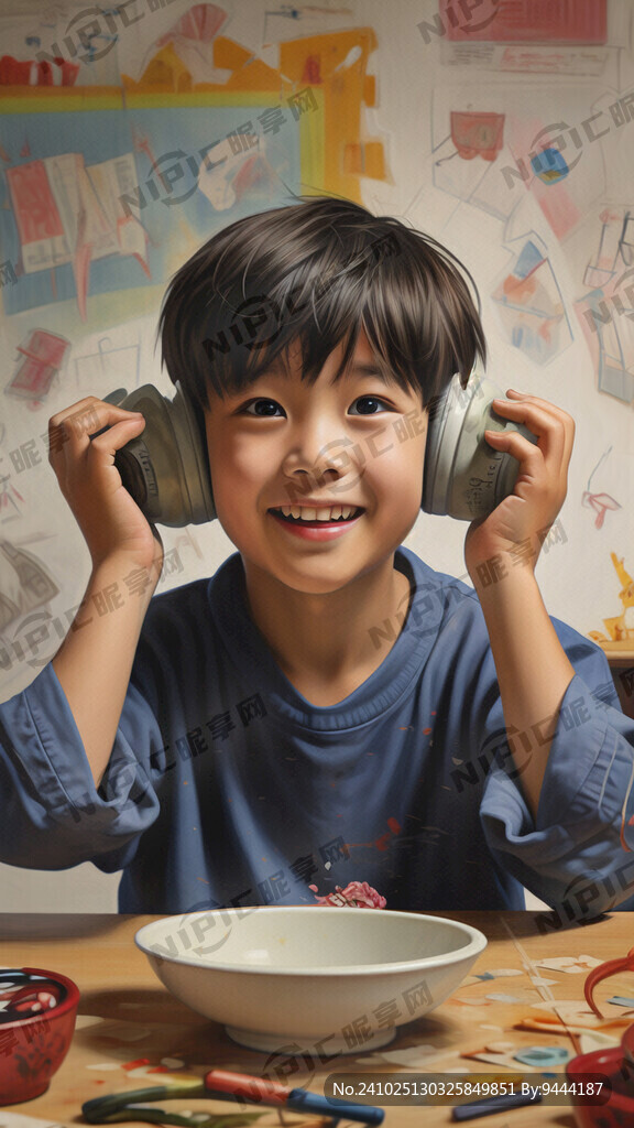 小學生頭上頂著碗玩游戲
