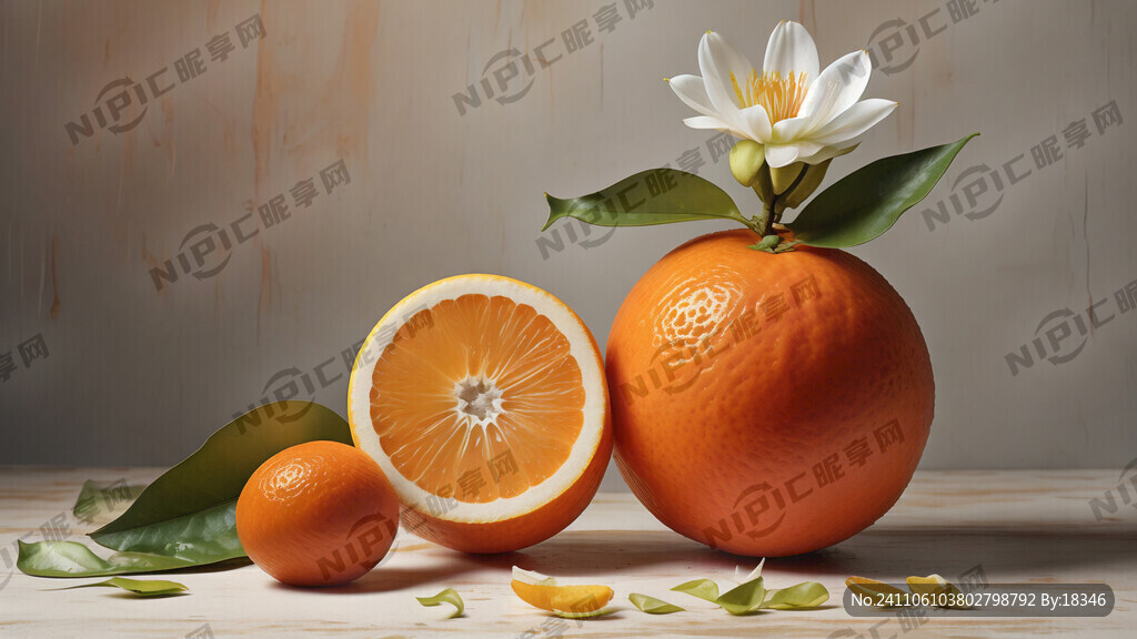 臍橙和一朵白色橙子花構(gòu)成一幅美