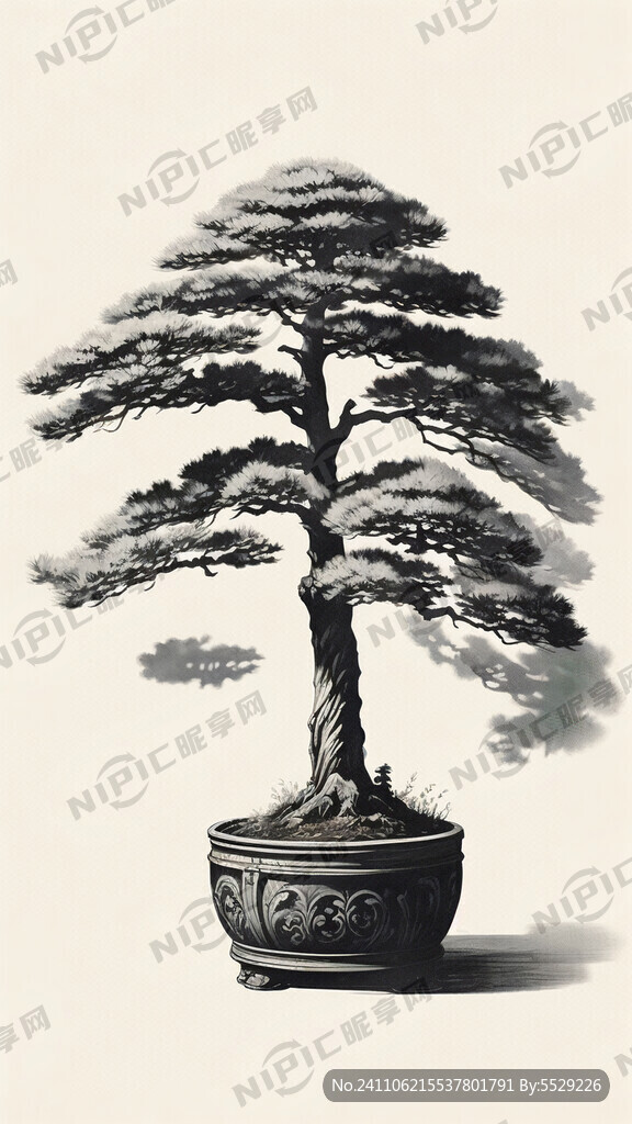 小青松 小盆景 復古 黑白